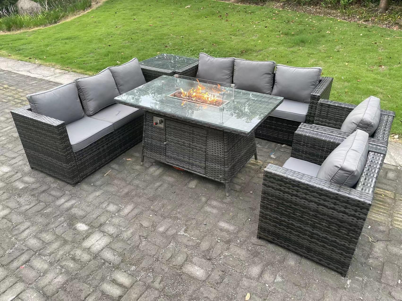 8 Seater Outdoor Rattan Gas Fire Pit Table Sets Heater Lounge Chairs